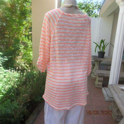 Amara textured polyester loose knit long top with neon orange stripes, size 42
