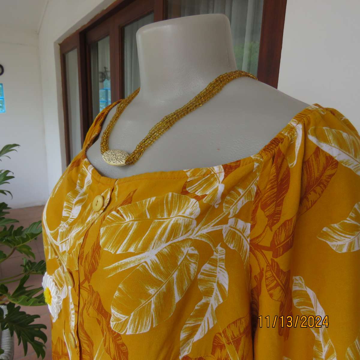 Summertime chic mustard with white-rust leaf design slip over top. Size 42 by RED. Off the shoulder