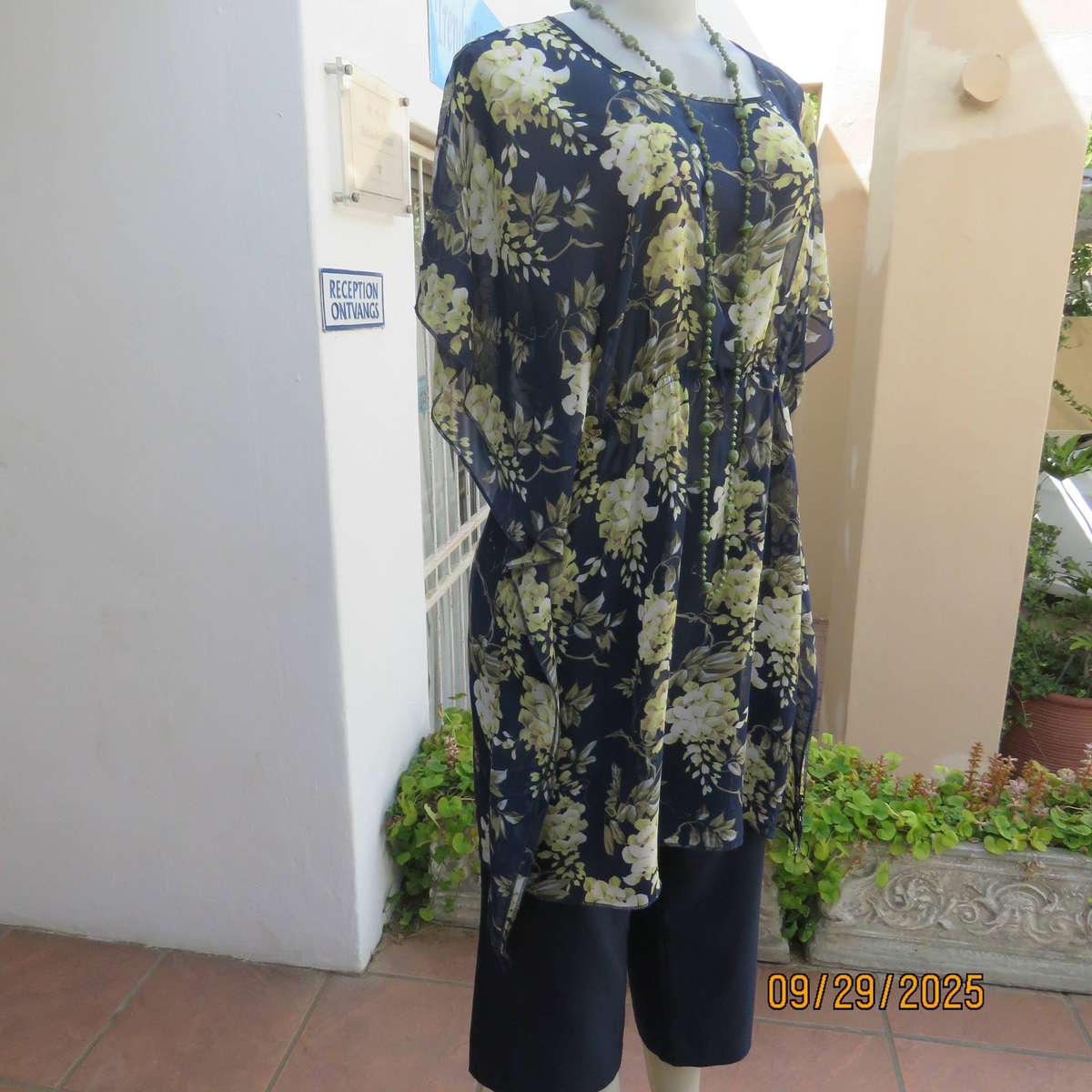T&M long navy sheer polyester slip over top with pale yellow-green flowers, Size 38-40.
