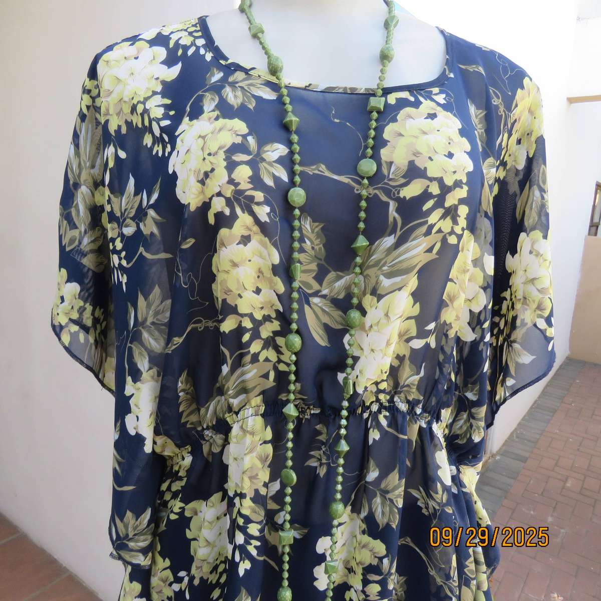 T&M long navy sheer polyester slip over top with pale yellow-green flowers, Size 38-40.