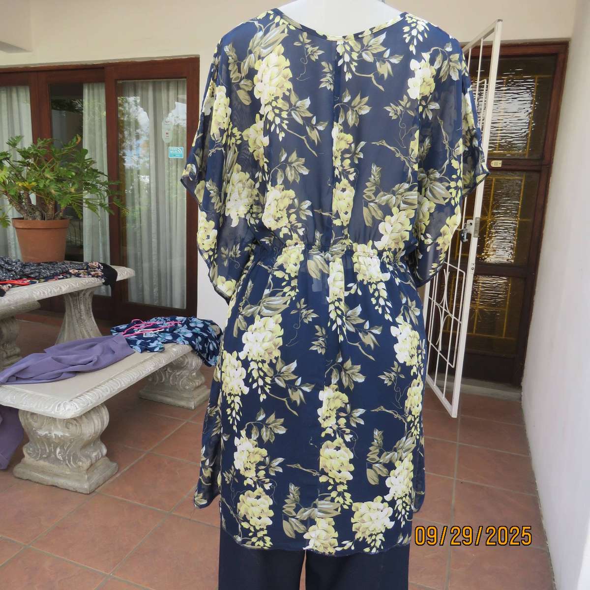 T&M long navy sheer polyester slip over top with pale yellow-green flowers, Size 38-40.