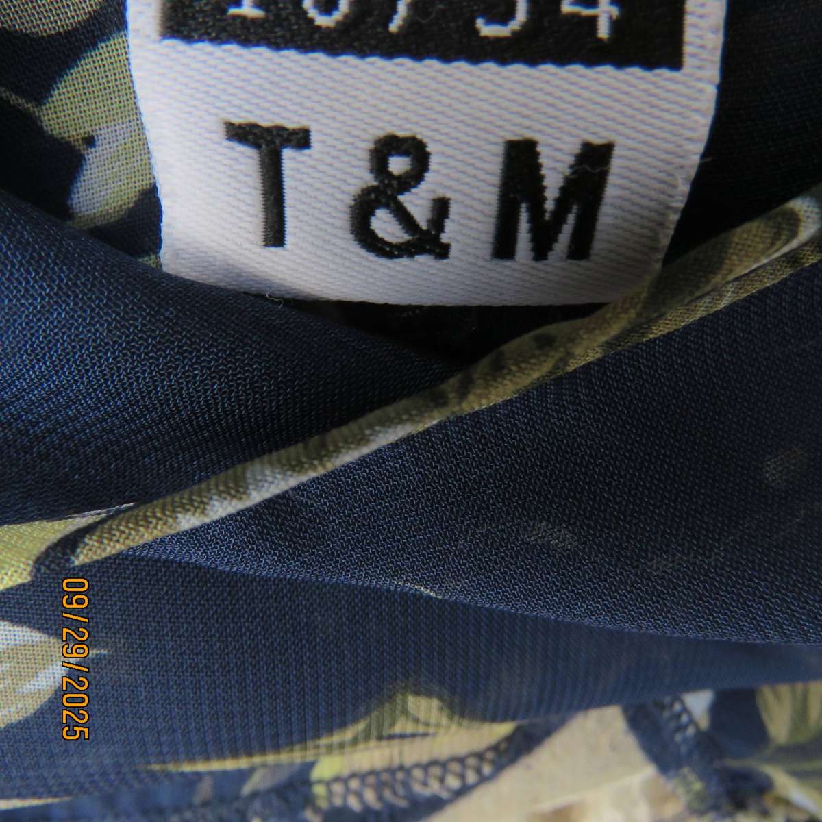 T&M long navy sheer polyester slip over top with pale yellow-green flowers, Size 38-40.