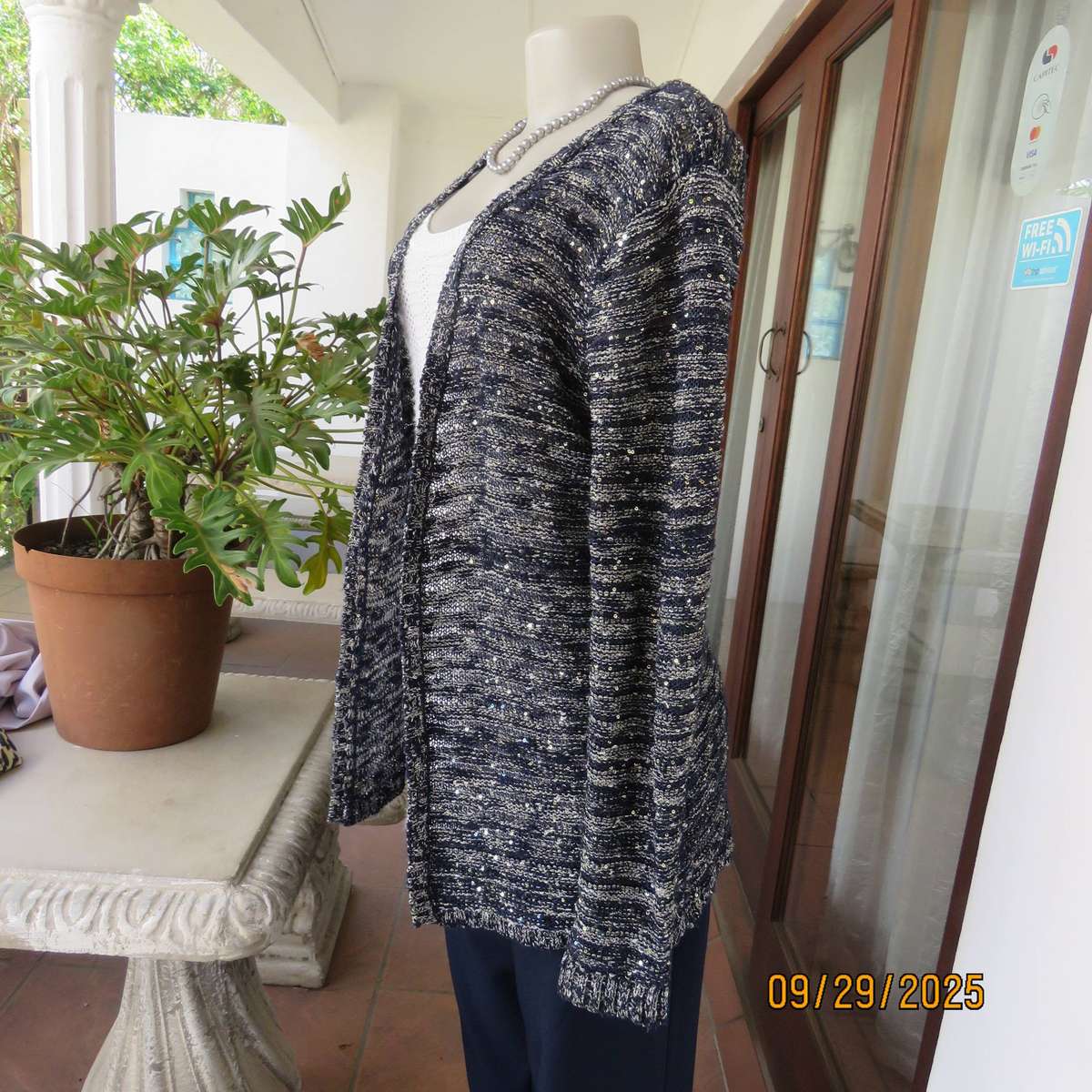 IDENTITY navy-silver lurex open long sleeve cardigan knitted with acrylic-rayon. Size 36-38