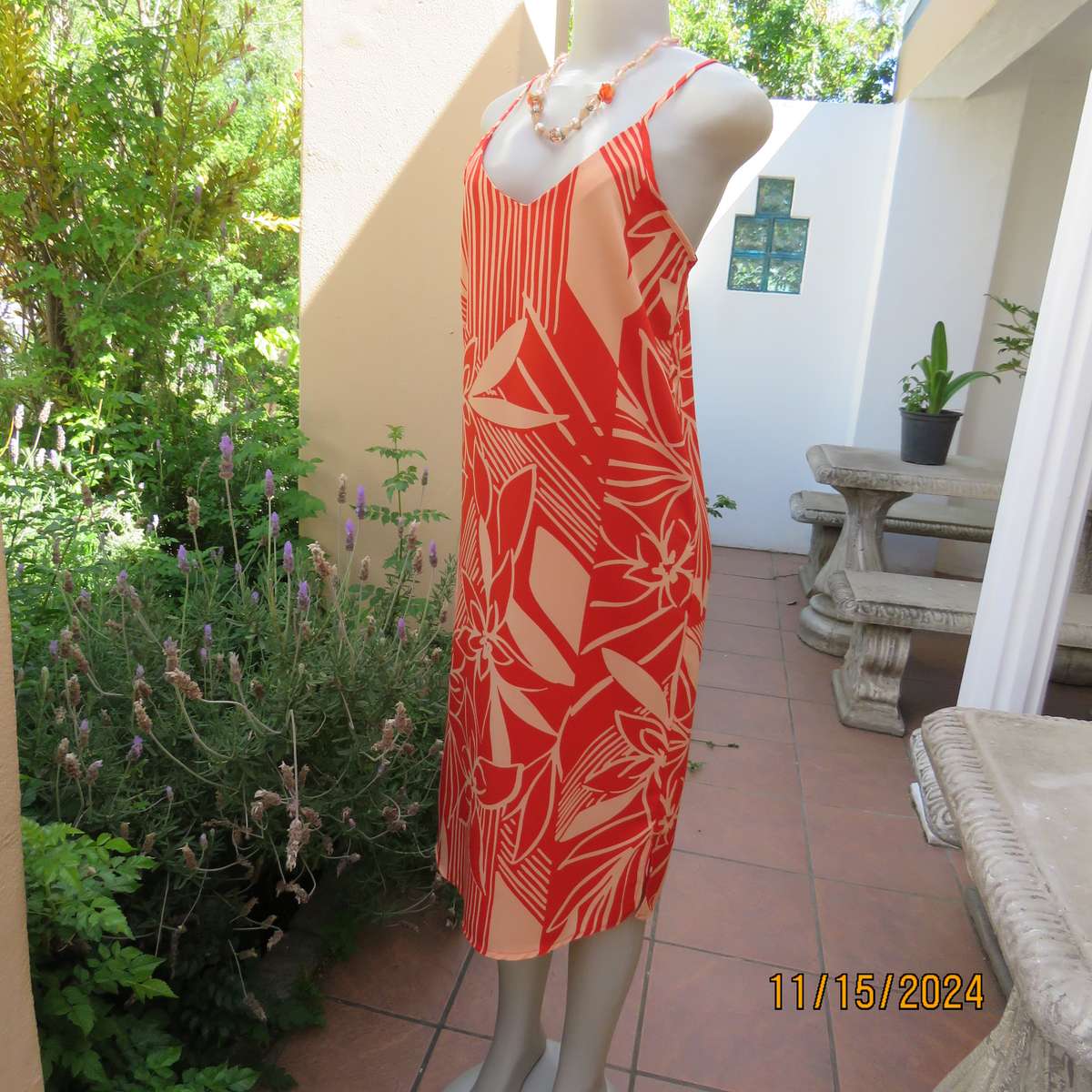 Burnt orange and peach graphic print strappy dress size 36. Textured polyester