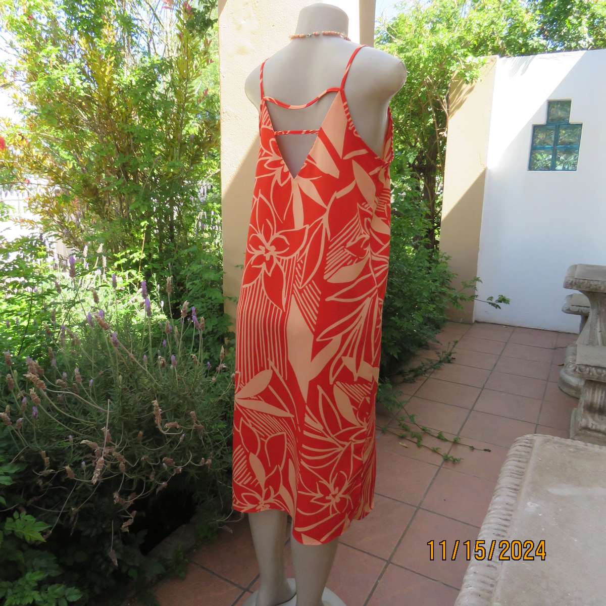 Burnt orange and peach graphic print strappy dress size 36. Textured polyester