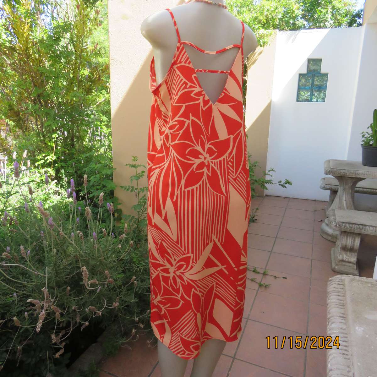 Burnt orange and peach graphic print strappy dress size 36. Textured polyester