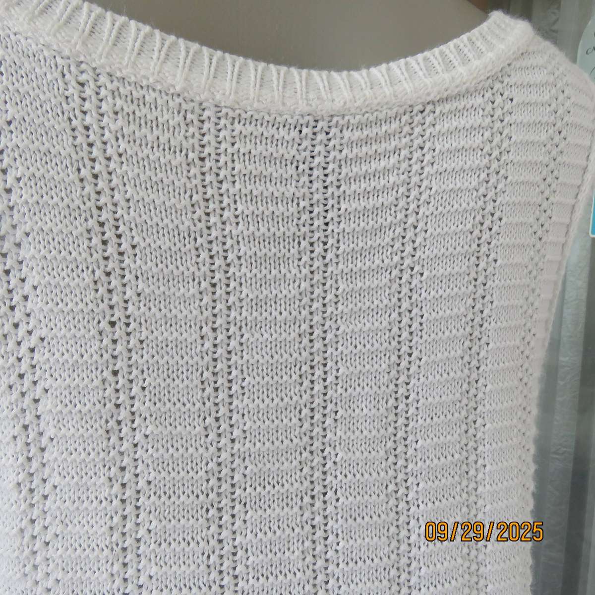 OASIS white long acrylic knit sleeveless slip over top. Slitted sides. Size 38