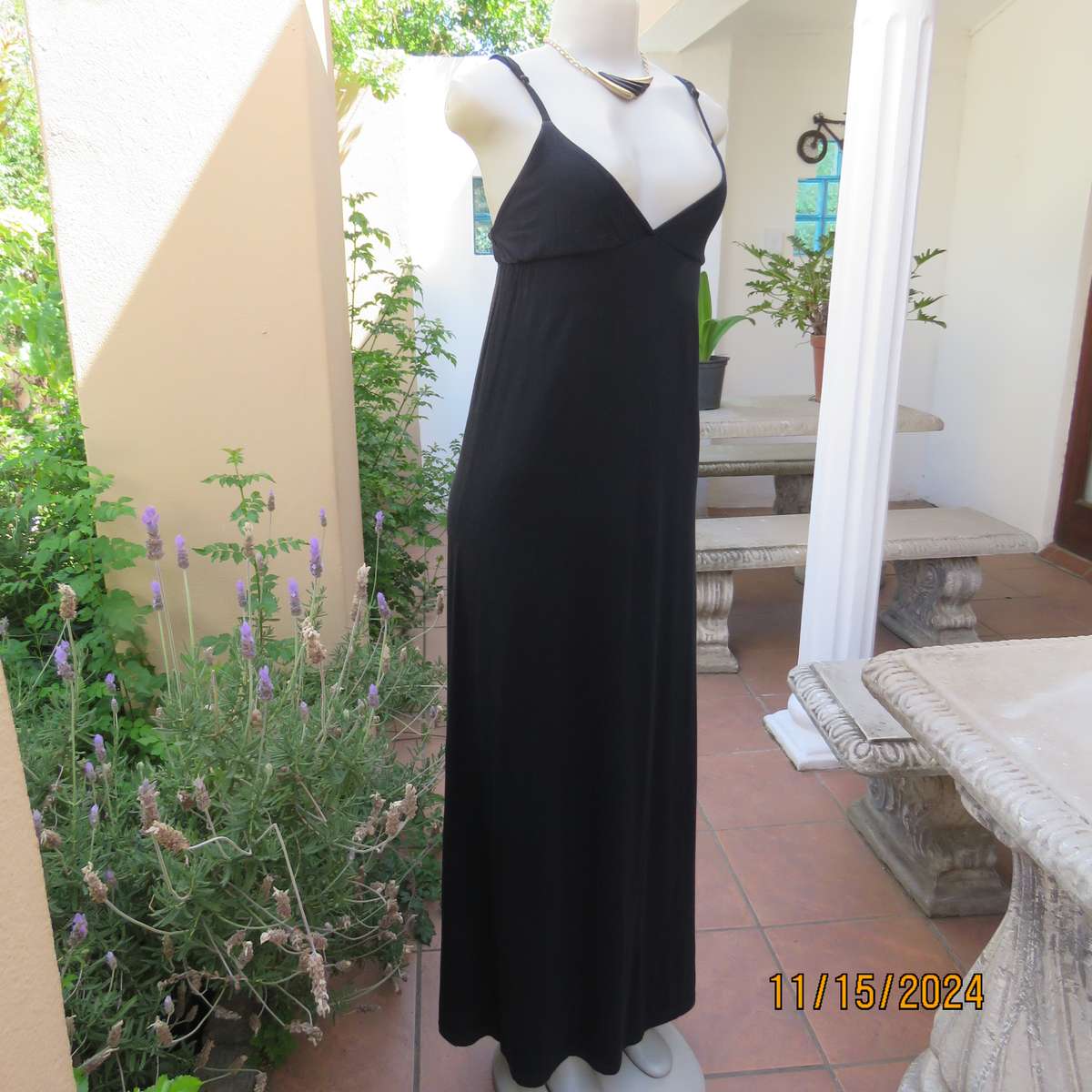 LOVE BOAT long black stretch cotton strappy dress size 32. V neck with underbust gathering. As new