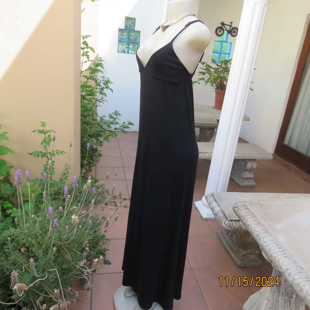 LOVE BOAT long black stretch cotton strappy dress size 32. V neck with underbust gathering. As new