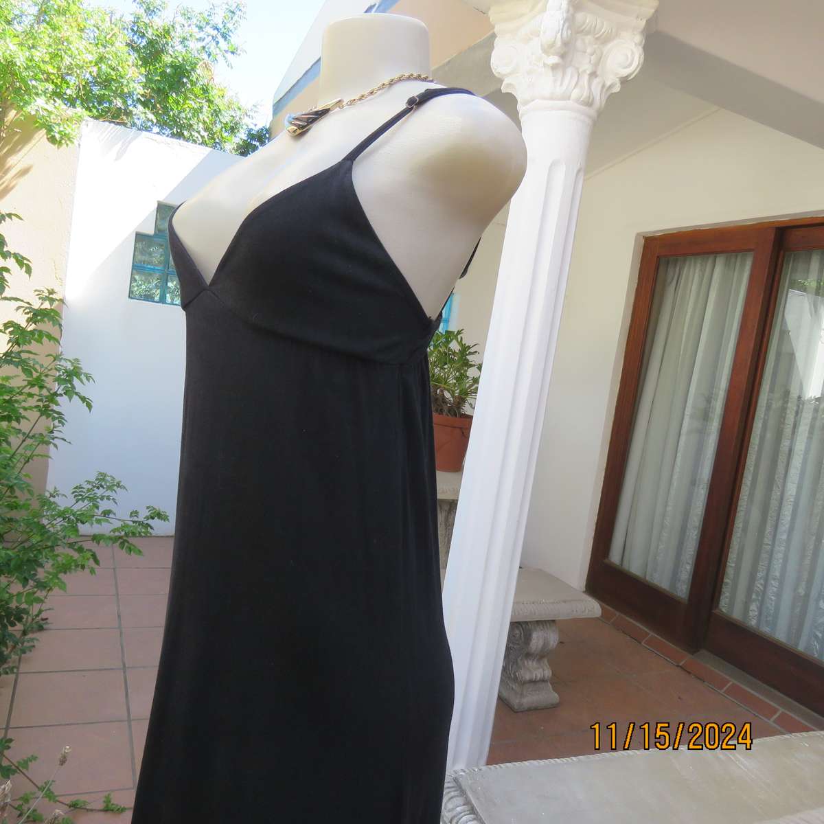 LOVE BOAT long black stretch cotton strappy dress size 32. V neck with underbust gathering. As new
