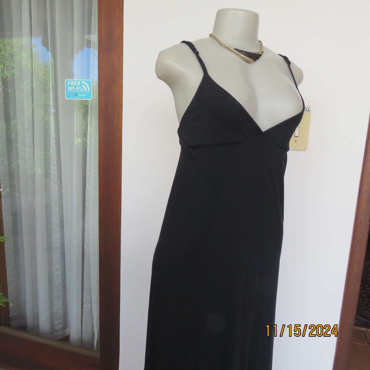 LOVE BOAT long black stretch cotton strappy dress size 32. V neck with underbust gathering. As new