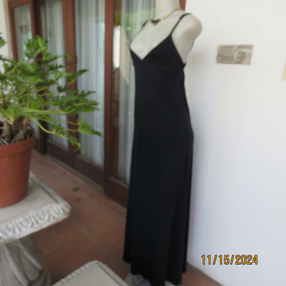 LOVE BOAT long black stretch cotton strappy dress size 32. V neck with underbust gathering. As new