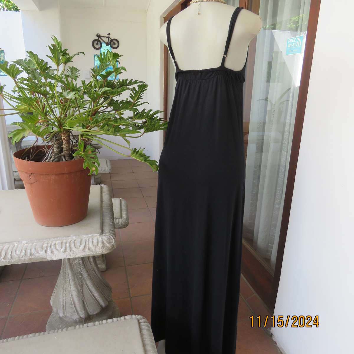 LOVE BOAT long black stretch cotton strappy dress size 32. V neck with underbust gathering. As new