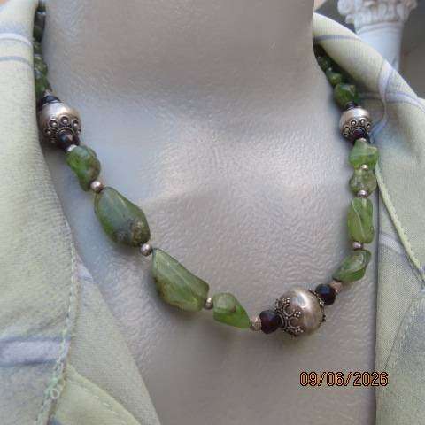 Green peridot gemstone necklace with "hill tribe" silver beads and 925 clasp