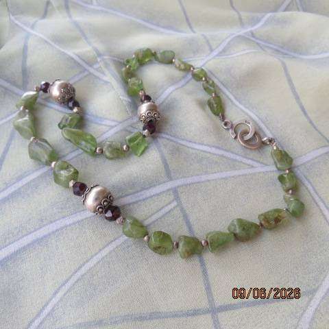 Green peridot gemstone necklace with "hill tribe" silver beads and 925 clasp