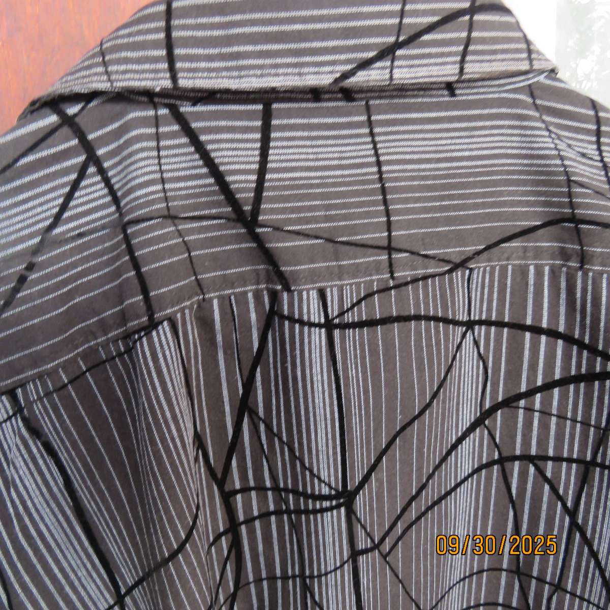OCEAN ONE black polycotton short sleeve shirt with white stripes and black velvet lines, Size XXL