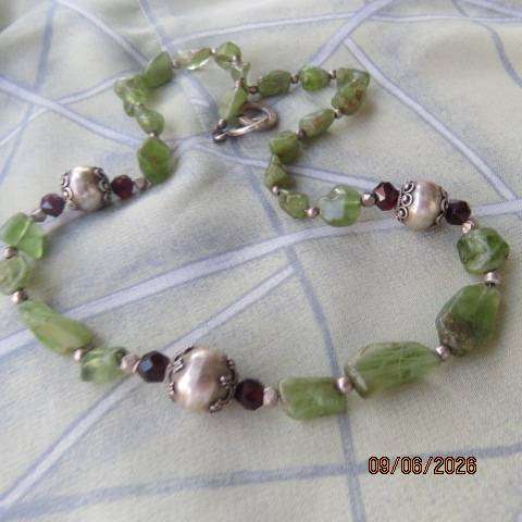 Green peridot gemstone necklace with "hill tribe" silver beads and 925 clasp