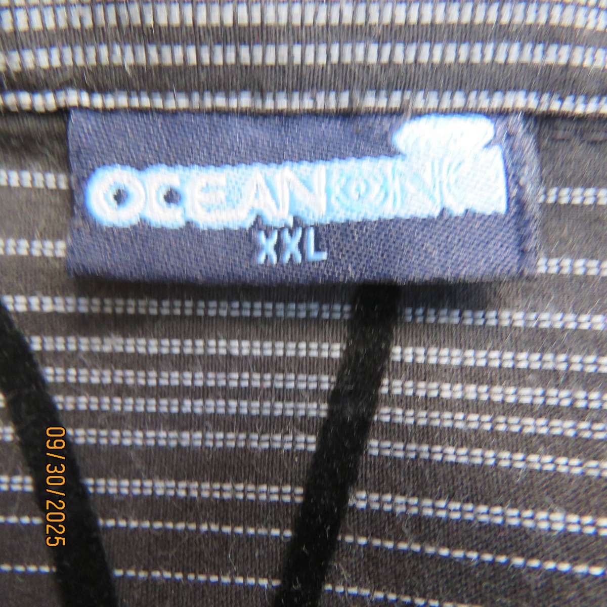 OCEAN ONE black polycotton short sleeve shirt with white stripes and black velvet lines, Size XXL