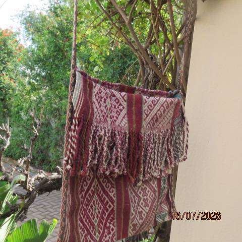 Handmade woven jacquard tote bag with maroon, beige, and green stripe pattern
