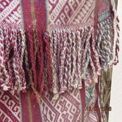 Handmade woven jacquard tote bag with maroon, beige, and green stripe pattern