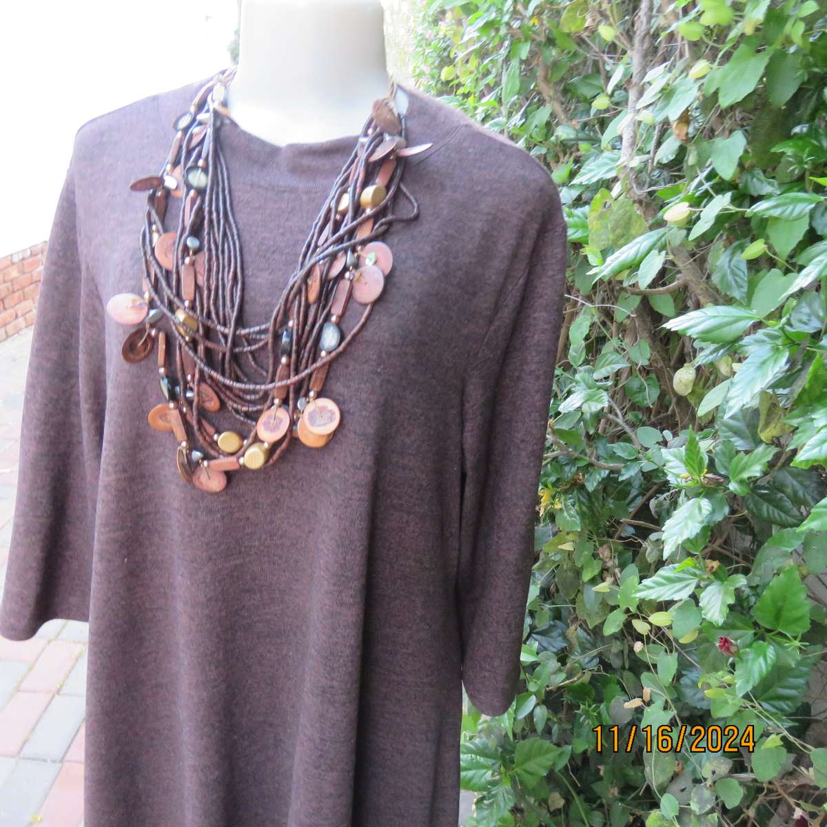 GINGER MARY mottled brown stretch polyester slip over crew neck dress. Size 42. As new condition.
