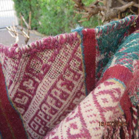 Handmade woven jacquard tote bag with maroon, beige, and green stripe pattern