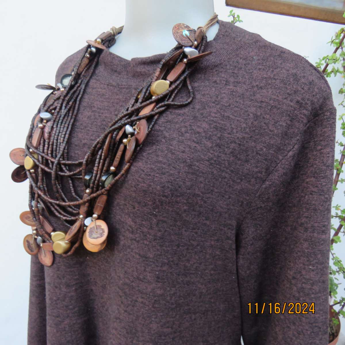 GINGER MARY mottled brown stretch polyester slip over crew neck dress. Size 42. As new condition.