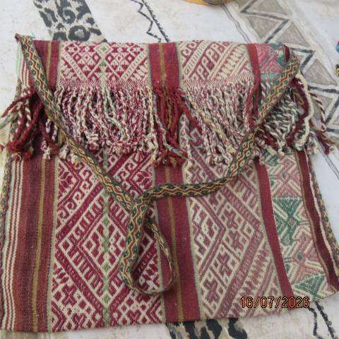 Handmade woven jacquard tote bag with maroon, beige, and green stripe pattern