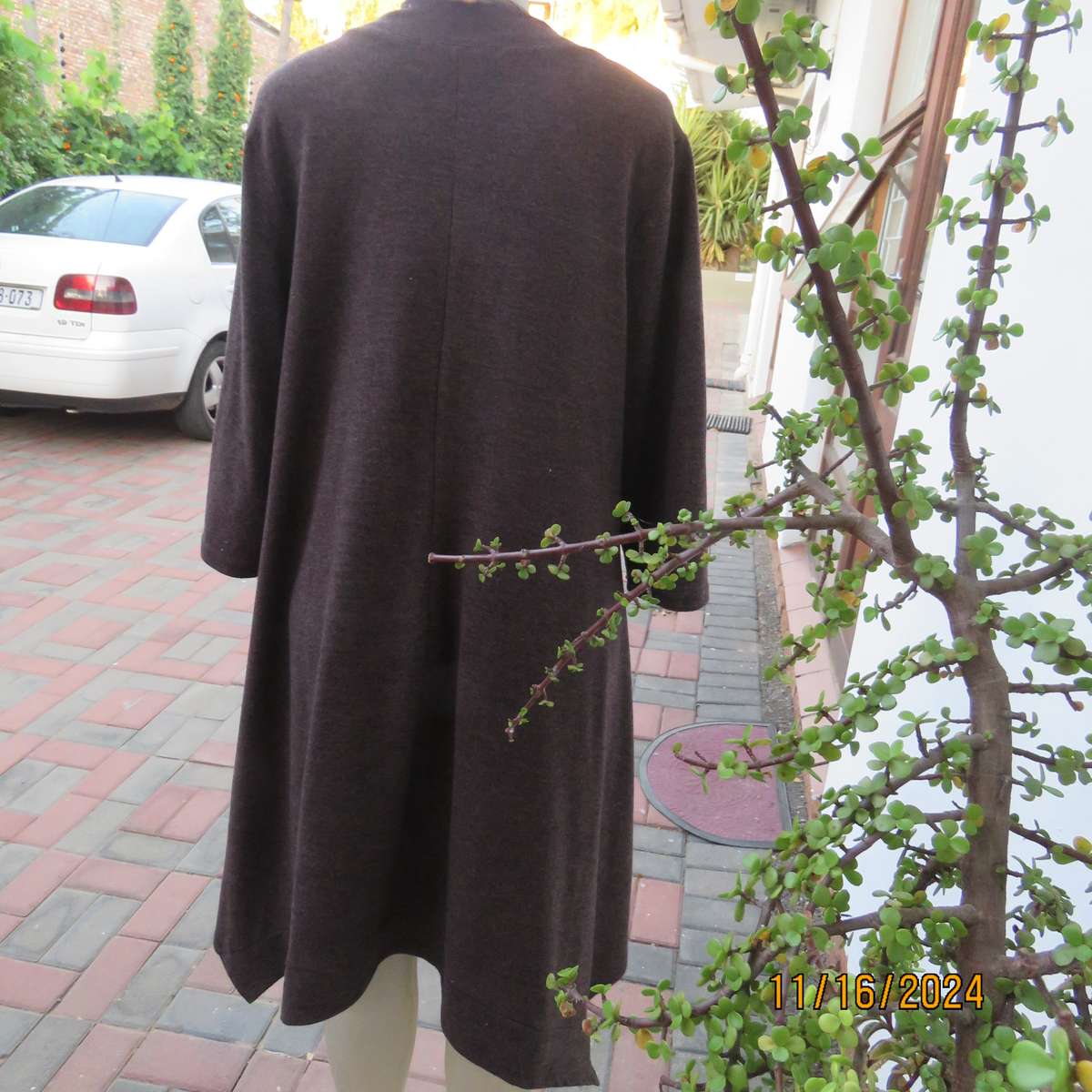 GINGER MARY mottled brown stretch polyester slip over crew neck dress. Size 42. As new condition.