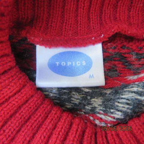 Fair Isle knit slip-over pullover mottled grey-beige with red collar, size 40