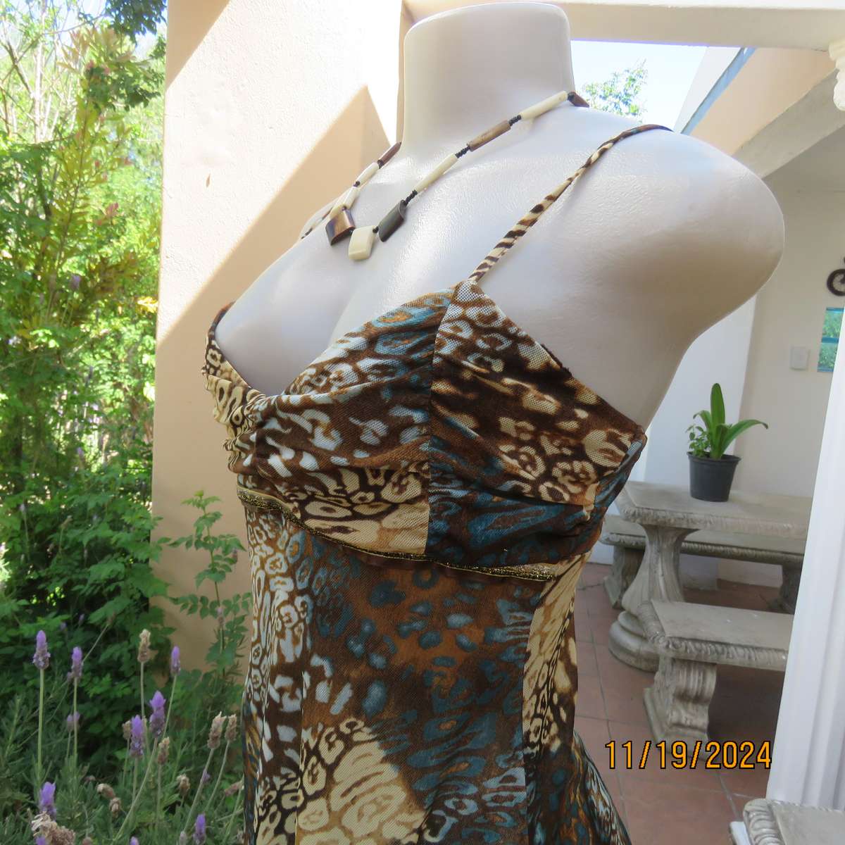 Cool Strappy Top in Jade-Brown-Cream Mesh Nylon Stretch, Size 34, Empire