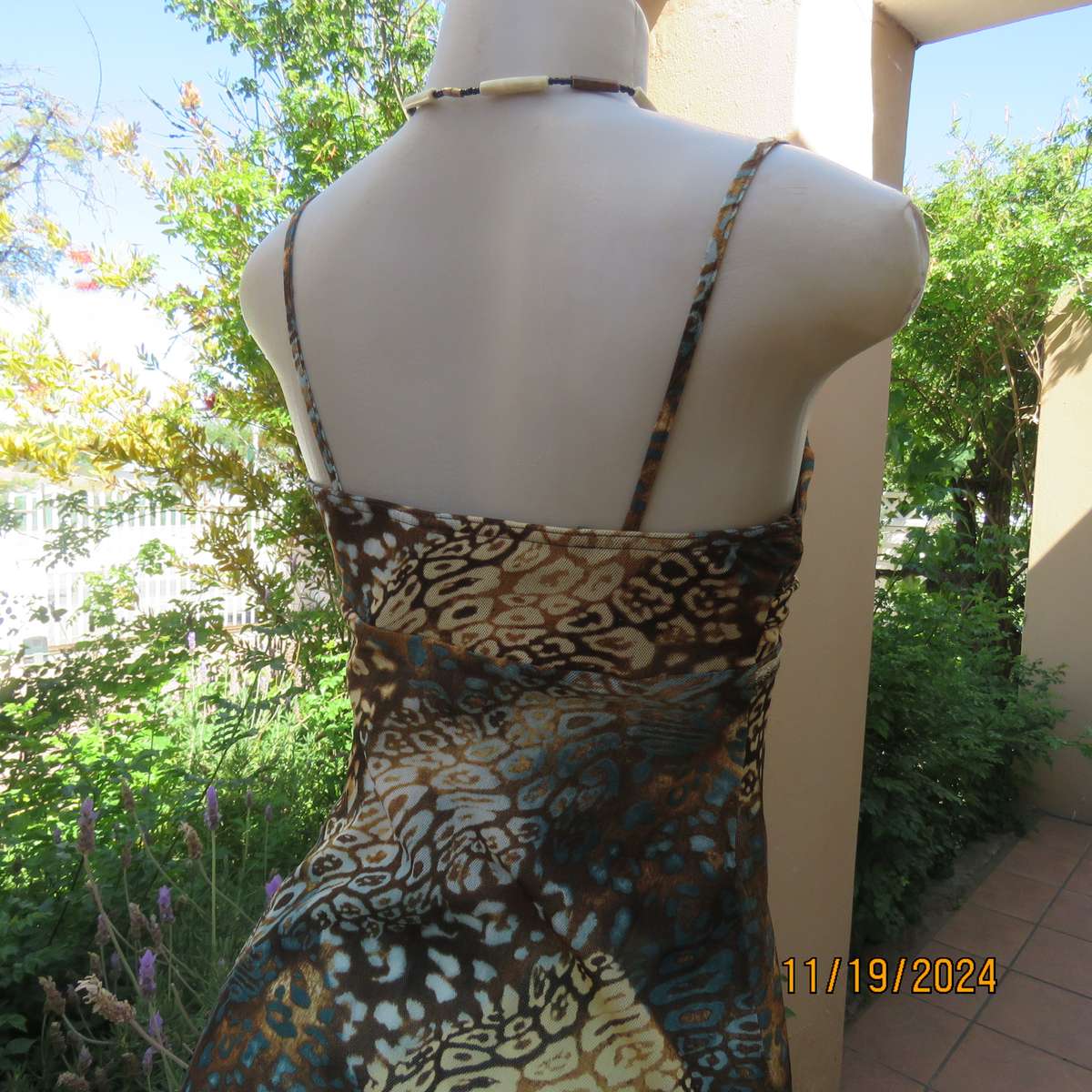 Cool Strappy Top in Jade-Brown-Cream Mesh Nylon Stretch, Size 34, Empire