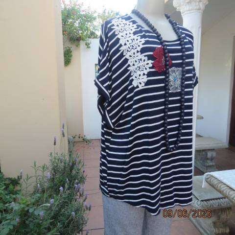 QUEENSPARK navy and white striped viscose stretch top richly decorated in size 46-48