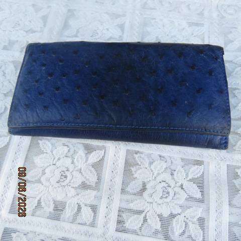Royal blue genuine ostrich leather purse with spacious card, note and coin compartments
