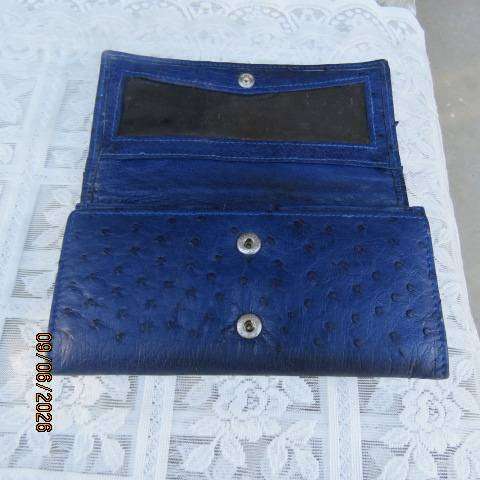 Royal blue genuine ostrich leather purse with spacious card, note and coin compartments
