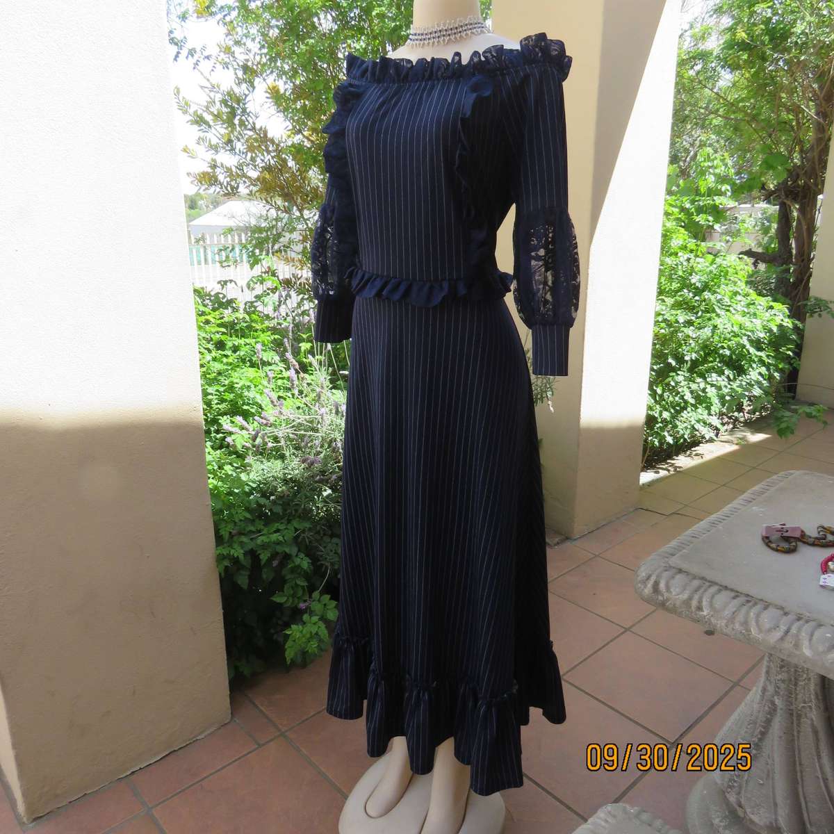 SHERELLE navy stretch polyester maxi dress with thin white stripes. Size 36