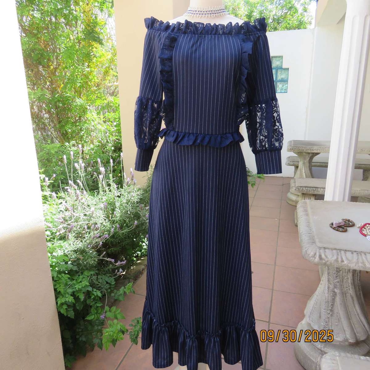 SHERELLE navy stretch polyester maxi dress with thin white stripes. Size 36
