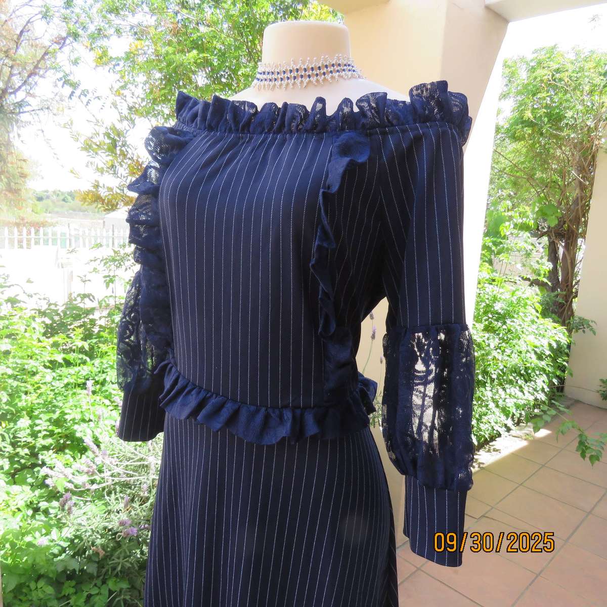 SHERELLE navy stretch polyester maxi dress with thin white stripes. Size 36