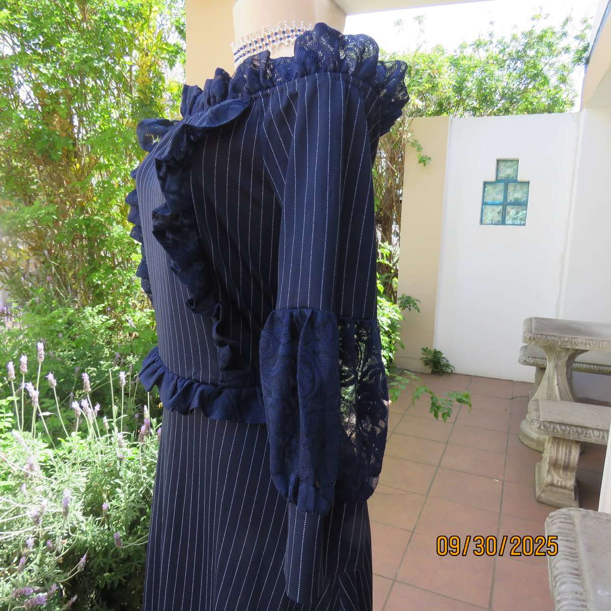 SHERELLE navy stretch polyester maxi dress with thin white stripes. Size 36