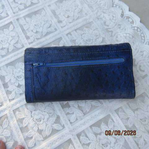 Royal blue genuine ostrich leather purse with spacious card, note and coin compartments