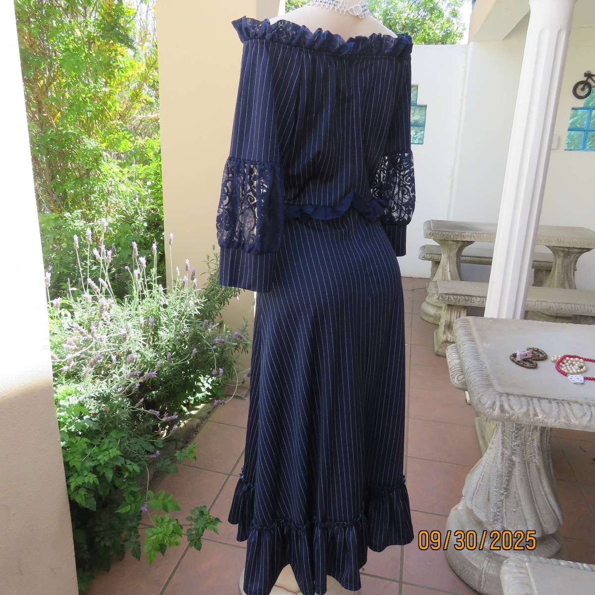 SHERELLE navy stretch polyester maxi dress with thin white stripes. Size 36