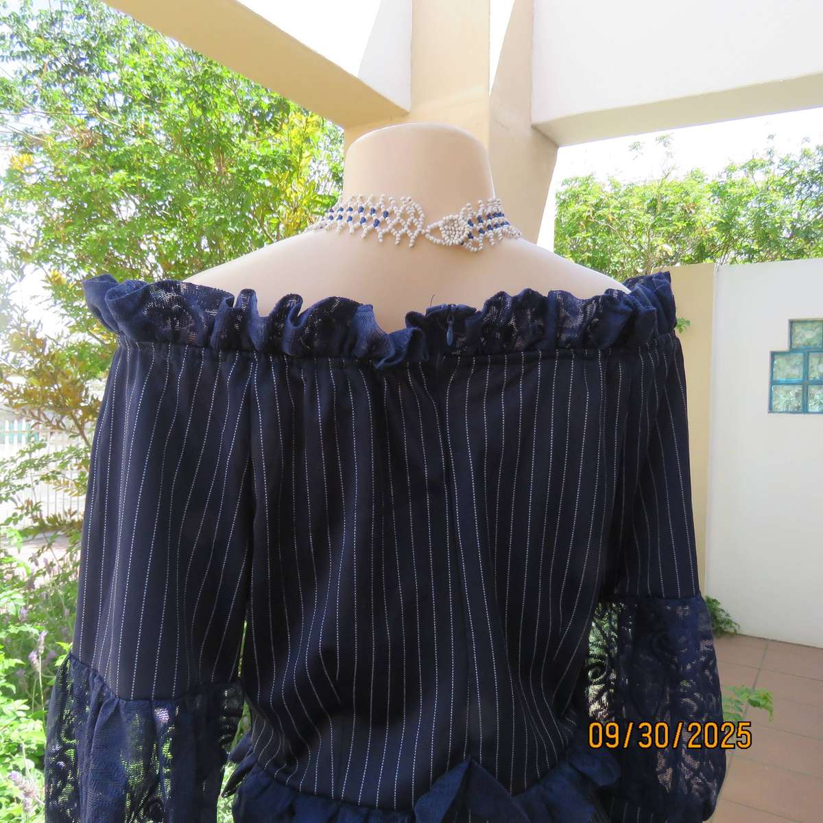 SHERELLE navy stretch polyester maxi dress with thin white stripes. Size 36