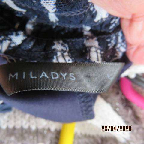 Miladys navy stretch polyester top with overlayer in navy and white animal print, size 44