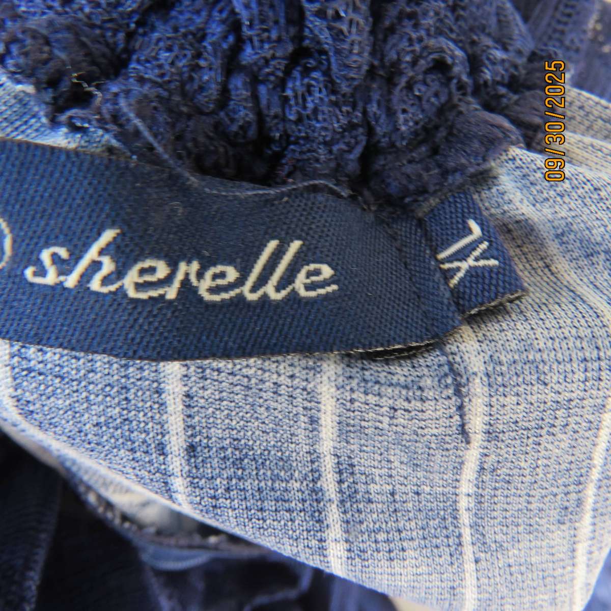 SHERELLE navy stretch polyester maxi dress with thin white stripes. Size 36