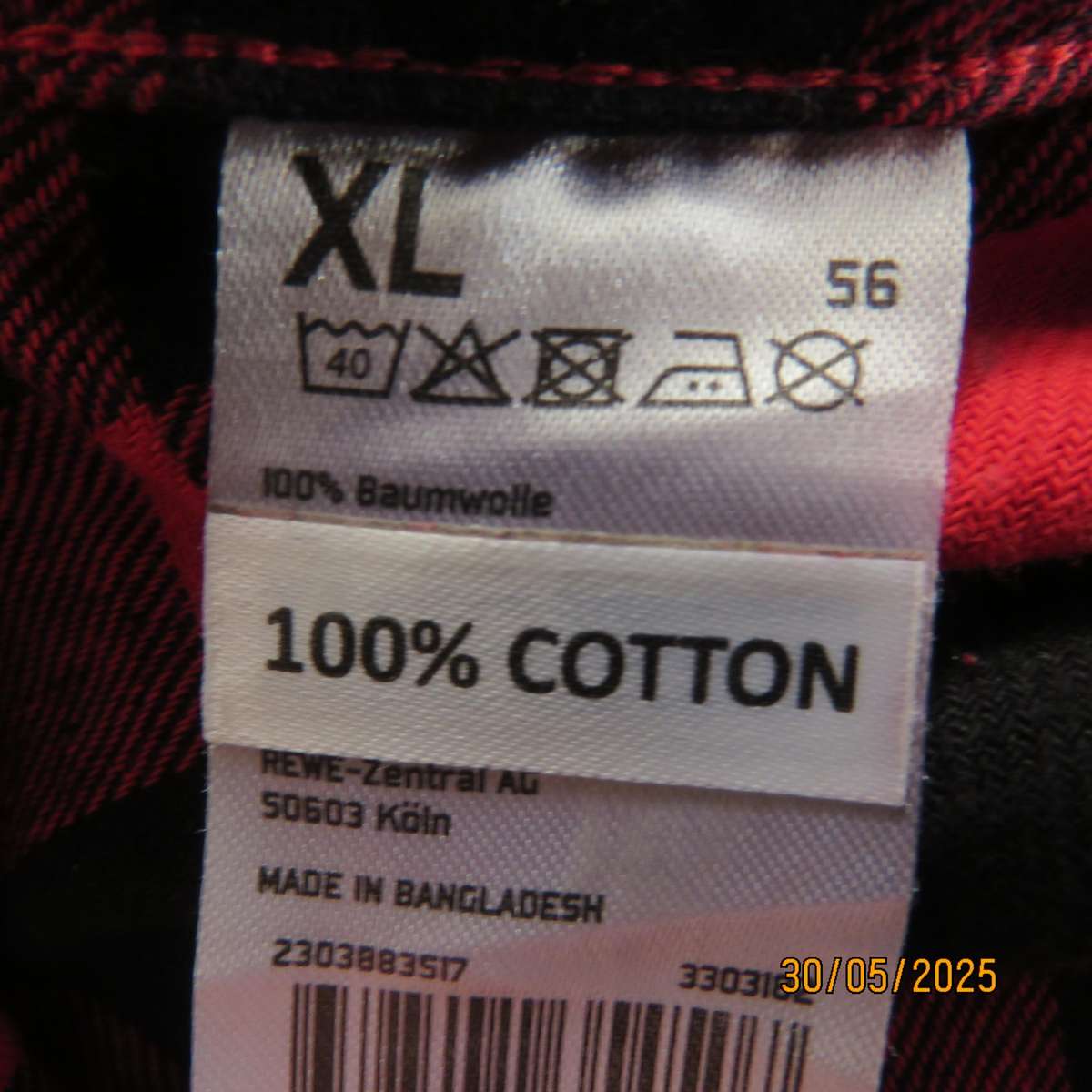 PURE WORK warm 100% cotton black-red checked long sleeve shirt size XL.