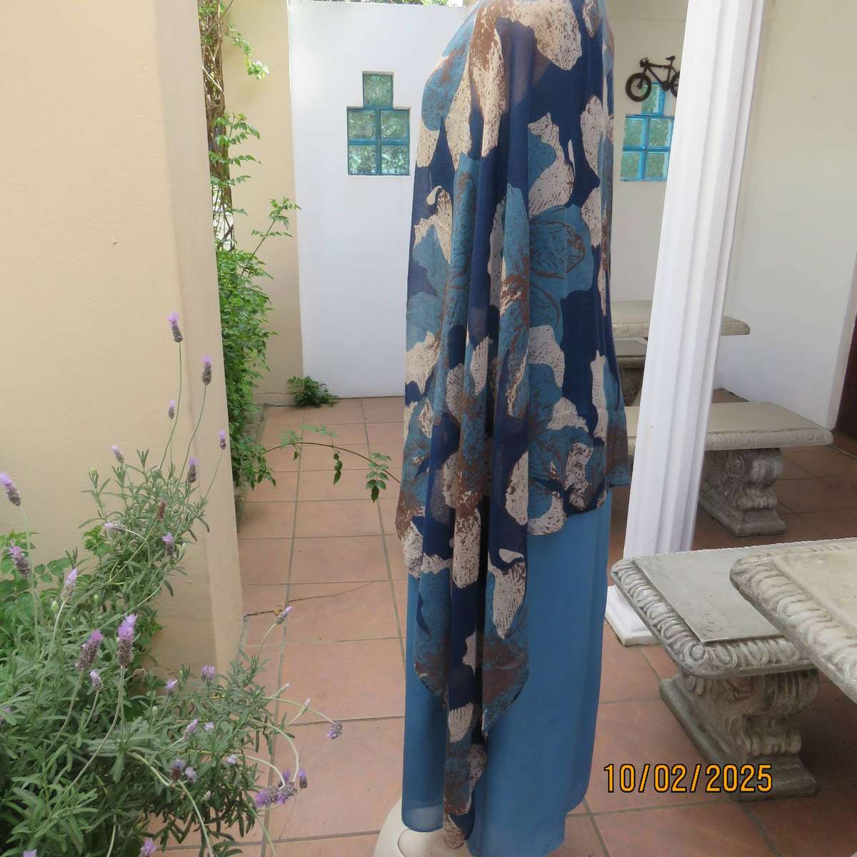 Soft polyester wrap in blues-cream and light brown print. 90cm x 180cm. New