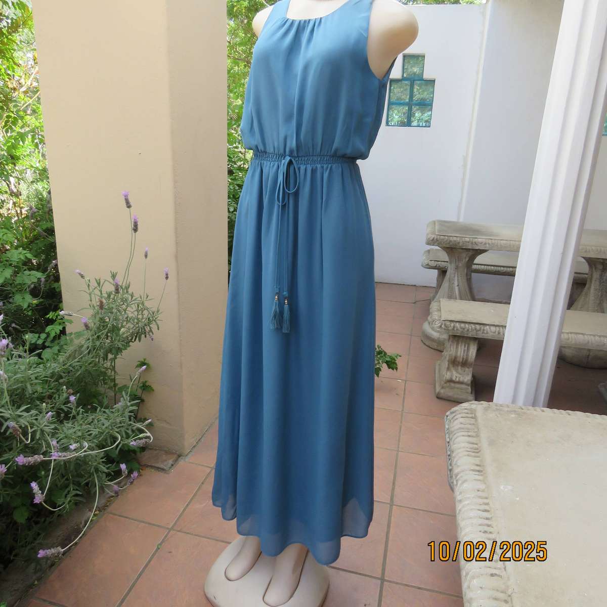 Teal blue maxi sheer fully lined dress with elasticated waist. Size 34