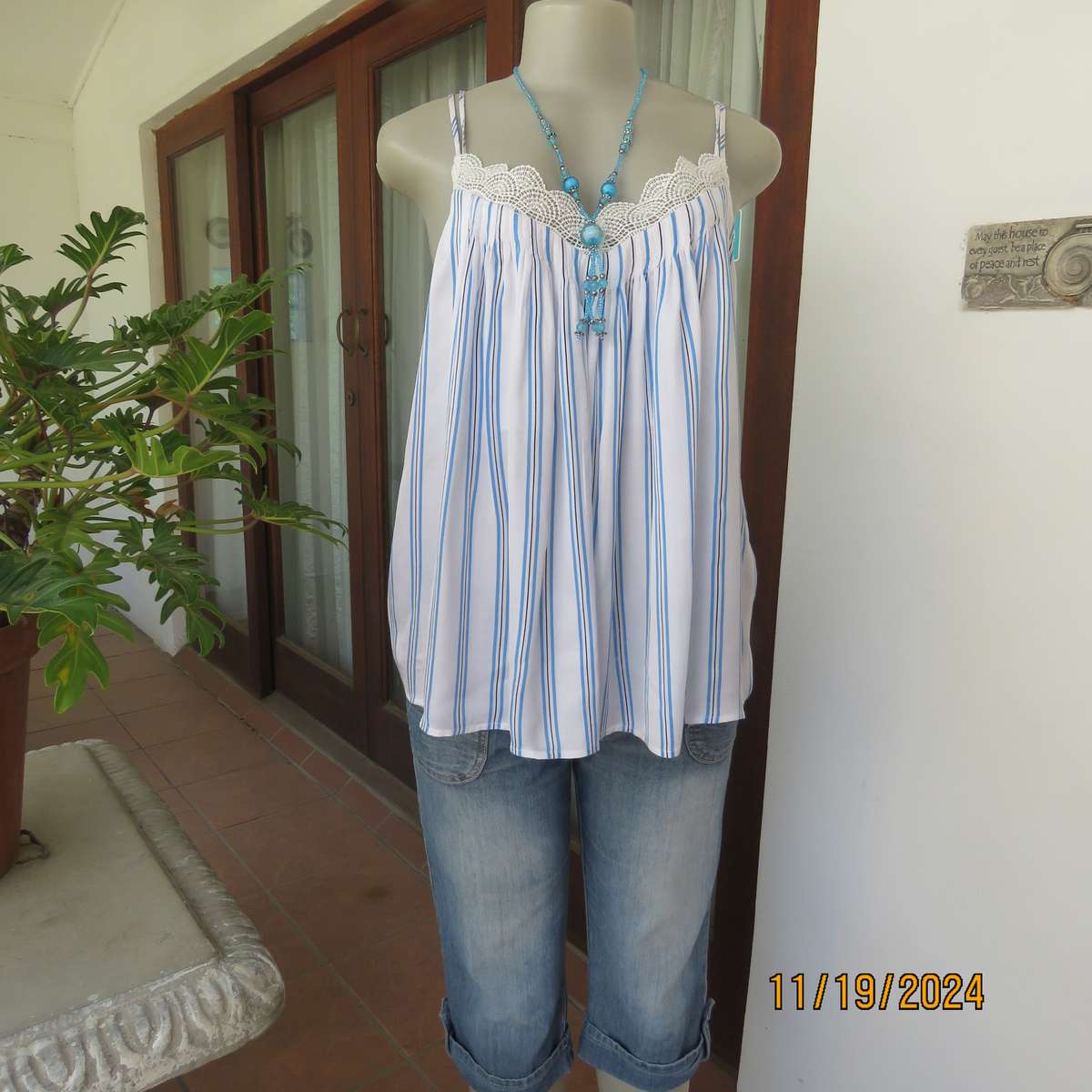 COUNTRY ROAD sexy strappy top in 100% silky viscose. Blue-black stripes. Size 38-40. As new cond.