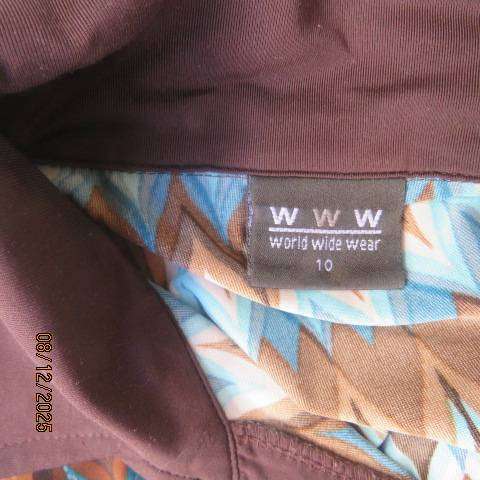WWW zig zag horizontal printed stretch polyester dress in jade-browns and cream. Size 34