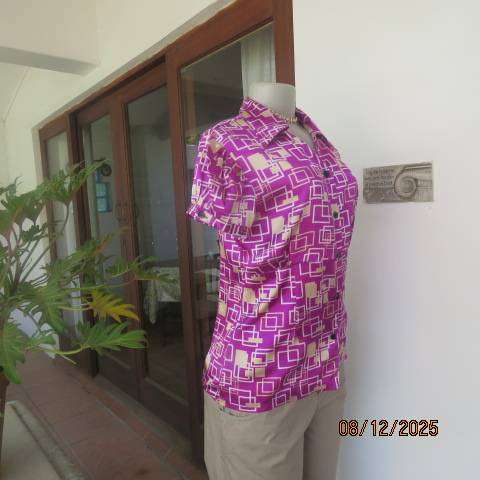 JJ silky polyester button down tailored top in violet with cream squares. Size 34
